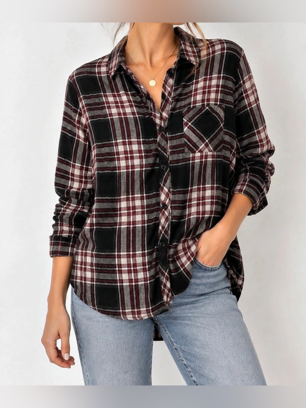 Rails Black Red and White Hunter Plaid Button-Down Shirt - Size M